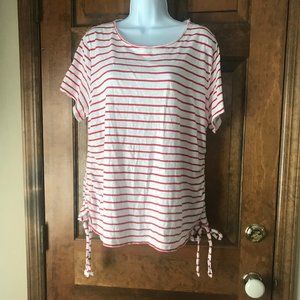 FINAL PRICE - White w/Red Stripes Pullover Tee w/Self-Tie Ruched Sides